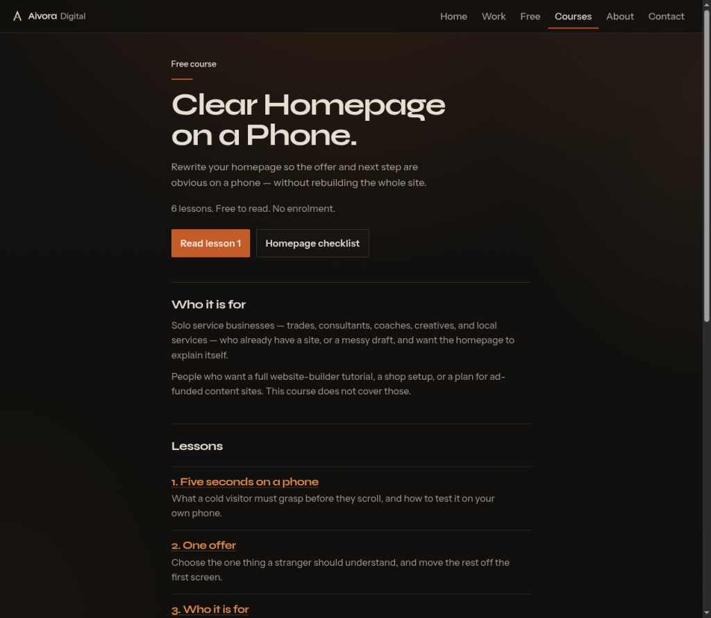 Clear Homepage on a Phone — free course on aivora.digital